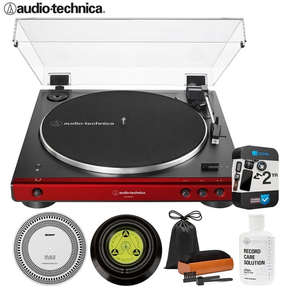 Audio-Technica AT-LP60XBT-RD Automatic Belt-Drive Bluetooth Turntable, Red/Black Bundle with 2 YR CPS Extended Warranty, Record Care Solution, Cleaning Kit, Stroboscope and Record Stabilizer
