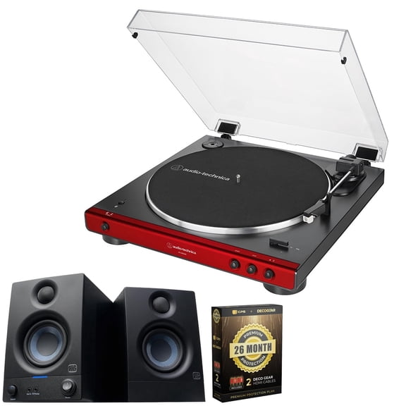 Audio-Technica AT-LP60XBT-RD Fully Automatic Belt-Drive BT Stereo Turntable, Red/Black Bundle with PreSonus Eris 3.5 Powered Active Studio Monitors, Pair + CPS Exclusive 26 Month Protection Pack