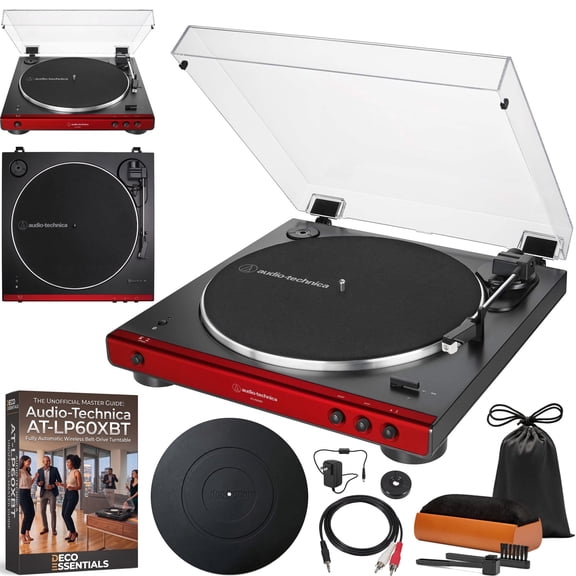 Audio-Technica AT-LP60XBT-RD Fully Automatic Belt-Drive Bluetooth Stereo Turntable, Red/Black Bundle with Deco Gear Master Guide, Vinyl Record Cleaning Kit, 12" Silicone Rubber Platter Mat