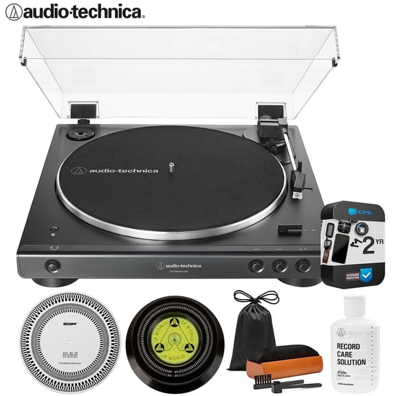 Audio-Technica AT-LP60XBT-USB Automatic Belt-Drive Turntable with Bluetooth, USB Bundle with 2 YR CPS Extended Warranty, Record Care Solution, Cleaning Kit, Stroboscope and Record Stabilizer