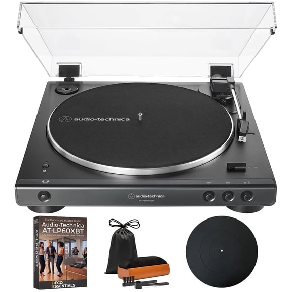 Audio-Technica AT-LP60XBT-USB-BK Fully Automatic Belt-Drive Turntable with Bluetooth, USB Bundle with Deco Gear Master Guide, Vinyl Record Cleaning Kit, 12" Silicone Rubber Platter Mat