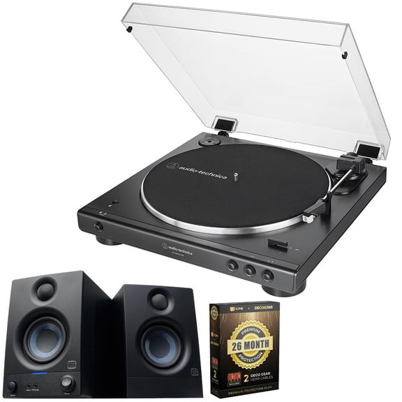 Audio-Technica AT-LP60XBT-USB Fully Automatic Belt-Drive Turntable with Bluetooth, USB Bundle with PreSonus Eris 3.5 Powered Active Studio Monitors, Pair + CPS Exclusive 26 Month Protection Pack