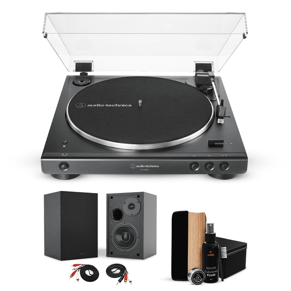 Audio Technica AT-LP60XBT-WW Automatic Belt-Drive Turntable - Wireless Stereo Turntable with 4-Inch Deep Bass Powered Bookshelf Speakers (Pair) & Premium Vinyl Record Cleaner Kit, Essential Bundle