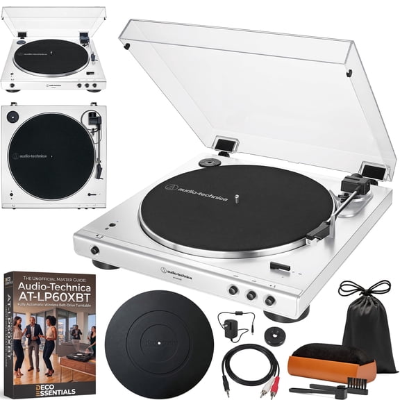 Audio-Technica AT-LP60XBT-WW Fully Automatic Wireless Belt-Drive Turntable with Bluetooth Bundle with Deco Gear Master Guide, Vinyl Record Cleaning Kit, 12" Silicone Rubber Platter Mat