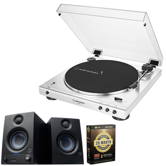 Audio-Technica AT-LP60XBT-WW Fully Automatic Wireless Belt-Drive Turntable with Bluetooth Bundle with PreSonus Eris 3.5 Powered Active Studio Monitors, Pair + CPS Exclusive 26 Month Protection Pack