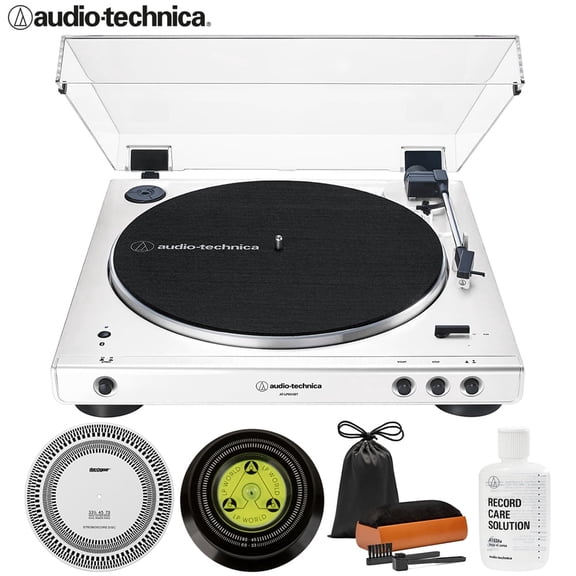 Audio-Technica AT-LP60XBT-WW Fully Automatic Wireless Belt-Drive Turntable with Bluetooth Bundle with Record Care Solution, Deco Gear Cleaning Kit, Stroboscope and Record Stabilizer