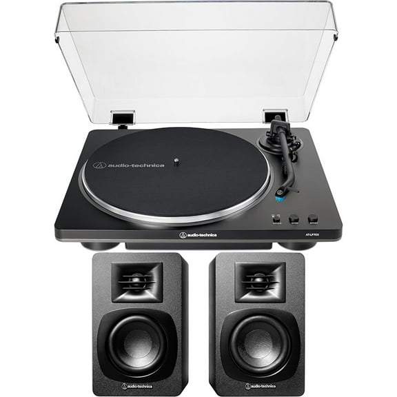 Audio Technica AT-LP70X-BG Automatic Belt Drive Turntable - Black/Gray with Audio Technica AT-SP3X Powered Bookshelf Speakers with Bluetooth (2024)