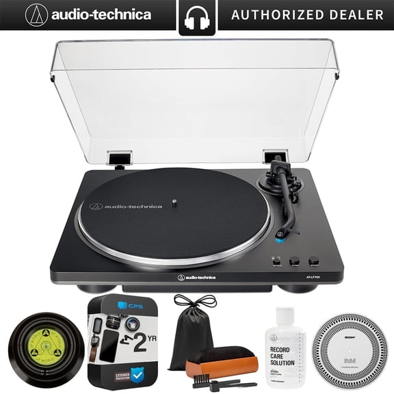 Audio-Technica AT-LP70X-BG Fully Automatic Belt-Drive Turntable, Black/Silver Bundle with 2 Year Extended Protection Pack + Vinyl Care Bundle: Cleaning Kit, Stroboscope, Stabilizer + Care Solution