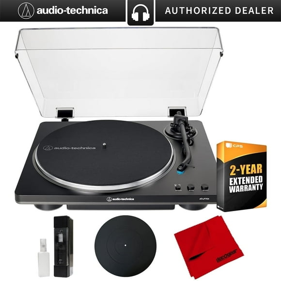 Audio-Technica AT-LP70X-BG Fully Automatic Belt-Drive Turntable, Black/Silver Bundle with 2 Year Extended Warranty, 12" Platter Mat, Vinyl Record Cleaning Fluid System & Microfiber Cloth