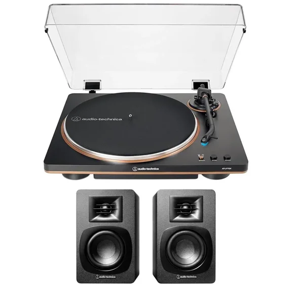 Audio Technica AT-LP70X-BZ Automatic Belt Drive Turntable - Black/Bronze with Audio Technica AT-SP3X Powered Bookshelf Speakers (2024)