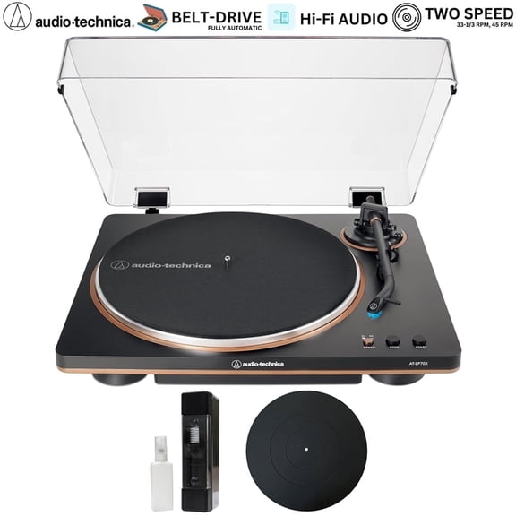 Audio-Technica AT-LP70X-BZ Fully Automatic Belt-Drive Turntable, Black/Bronze Bundle with Deco Gear 12" Silicone Rubber Platter Mat & Deco Essentials Vinyl Record Cleaning Fluid System
