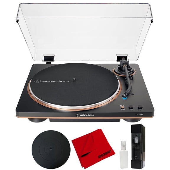 Audio-Technica AT-LP70X-BZ Fully Automatic Belt-Drive Turntable Black/Bronze Bundle with Deco Gear 12 inch Rubber Platter Mat, Cleaning Fluid System and Cleaning Cloth