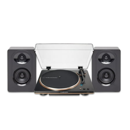 Audio-Technica AT-LP70X-BZ Fully Automatic Belt-Drive Turntable (Black and Bronze) Bundle with SAM30 3-Inch Powered Studio Monitors Pair with Polypropylene Woofers (Black) (2 Items)