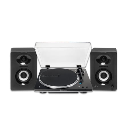 Audio-Technica AT-LP70XBT-BS Fully Automatic Wireless Belt-Drive Turntable (Black and Silver) Bundle with M30BT MediaOne 3-Inch Powered Bluetooth Studio 20W Monitors Pair (Black) (2 Items)