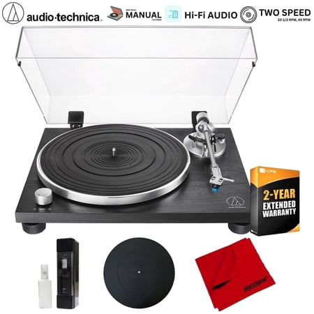Audio-Technica AT-LPW30BKR Fully Manual Belt-Drive Turntable Bundle with 2 YR CPS Enhanced Protection Pack, 12" Platter Mat, Vinyl Record Cleaning Fluid System & Microfiber Cloth