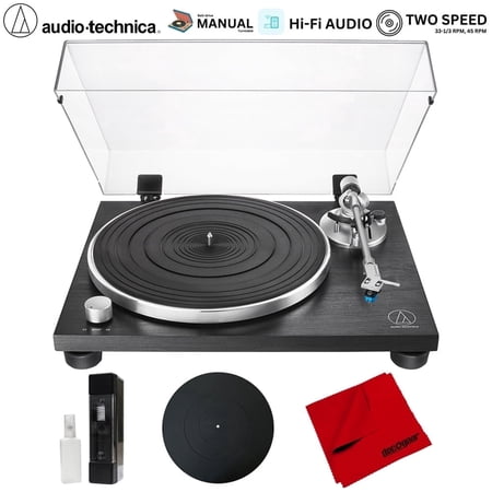 Audio-Technica AT-LPW30BKR Fully Manual Belt-Drive Turntable Bundle with Deco Gear 12" Silicone Rubber Platter Mat, Vinyl Record Cleaning Fluid System & Microfiber Cleaning Cloth