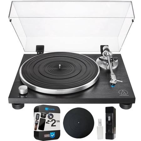 Audio-Technica AT-LPW30BKR Fully Manual Belt-Drive Turntable Bundle with Deco Gear 12 inch Silicone Rubber Turntable Mat, Vinyl Record Cleaning Fluid System and 2 YR CPS Enhanced Protection Pack