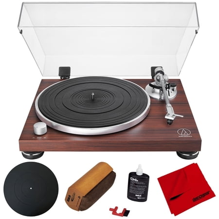 Audio-Technica AT-LPW50BT-RW Bluetooth Turntable Manual Belt-Drive 33/45 (Rosewood) Bundle with Deco Gear 12" Turntable Platter Mat, Vinyl Record Cleaning Fluid System with Brush & Microfiber Cloth