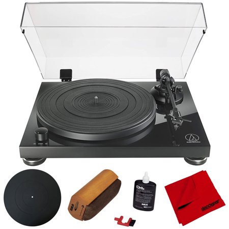 Audio-Technica AT-LPW50PB Fully Manual Belt-Drive Turntable Bundle with Deco Gear 12" Turntable Platter Mat, Vinyl Record Cleaning Fluid System with Brush & Microfiber Cloth