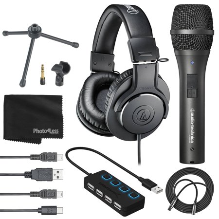 Audio-Technica AT2005USB Cardioid Dynamic USB/XLR Microphone and ATH-M20x Headphones + 4-Port USB 2.0 Hub with Individual LED Lit Power Switches + Mic Cable XLR-M to XLR-F + Cloth - Deluxe Pack