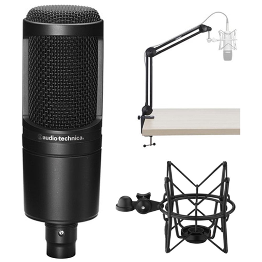 Audio-Technica AT2020 Cardioid Condenser Microphone with MBA38 Microphone Boom Arm and SHM-SCM1 Suspension Shockmount