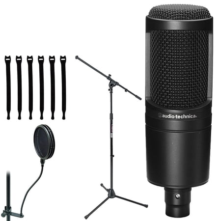 Audio-Technica AT2020 Cardioid Condenser Studio Microphone + On Stage Dual-Screen Pop Blocker ASFSS6-GB + On Stage Euro Boom Microphone Stand + Op/Tech Strapeez, Black 4301002