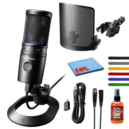 Audio-Technica AT2020USB-X Cardioid Condenser USB Microphone with Audio-Technica AT8455 Shock Mount, Audio-Technica Pop Filter, Hosa 10Ft XLR Cable, Pack of 6 Wire Ties & Goby Labs Cleaner w/Cloth