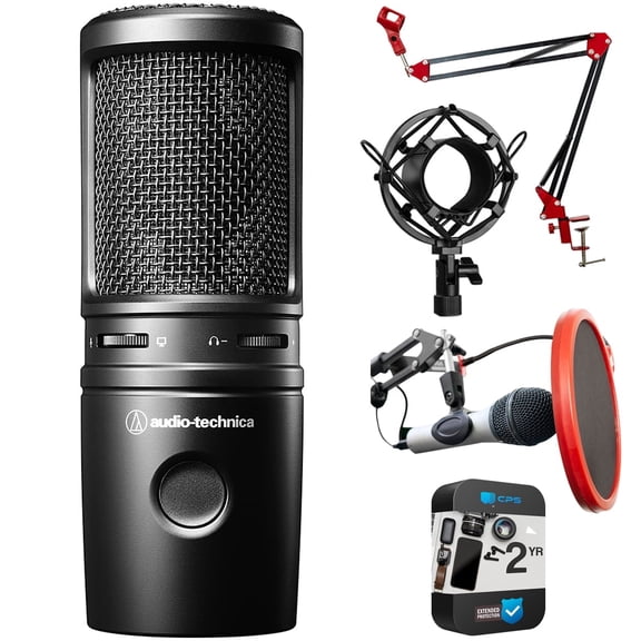 Audio-Technica AT2020USB-X Cardioid Condenser USB Microphone for Content Creators Bundle with Deco Gear Metal Shock Mount + Universal Pop Filter + Scissor Arm Stand + 2 Year Enhanced Protection Pack