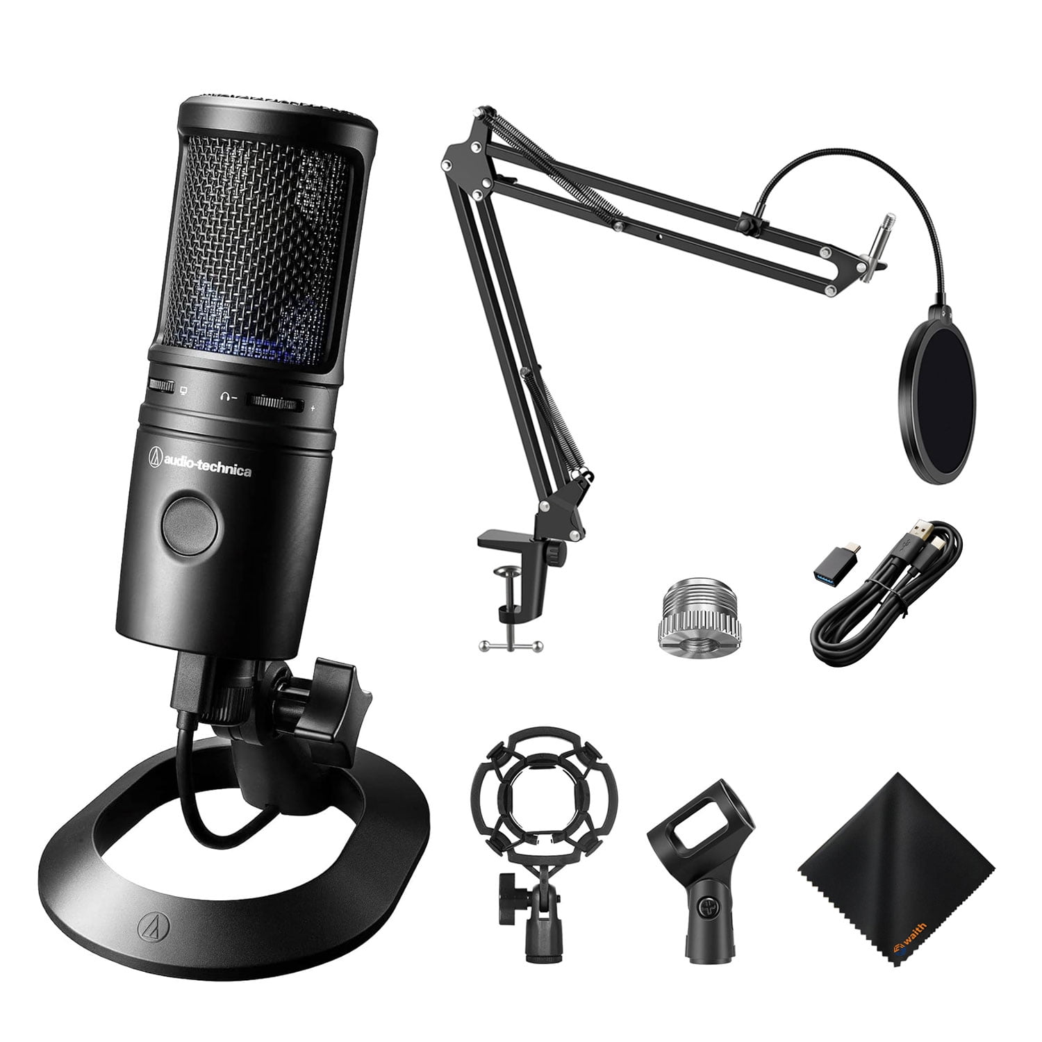 Audio-Technica AT2020USB-X Cardioid Condenser XLR Microphone +Stand/Cloth Bundle