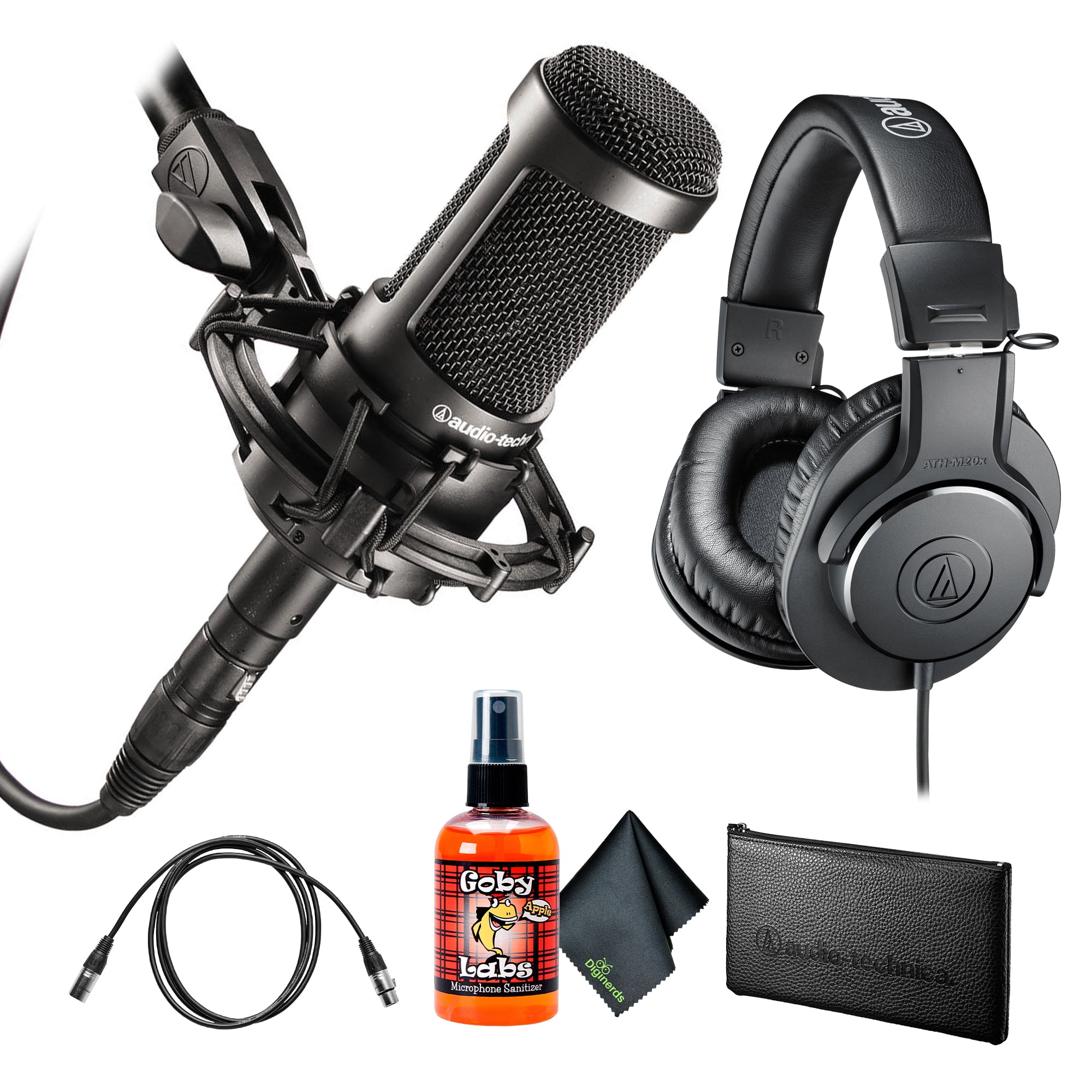 Audio-Technica AT2035 Cardioid Condenser Microphone, Black + Audio-Technica ATH-M20x Studio Monitor Headphones, Black (AUD ATHM20X) + PodMaster BOOM Broadcast / Podcast Boom Arm Mic Stand + More