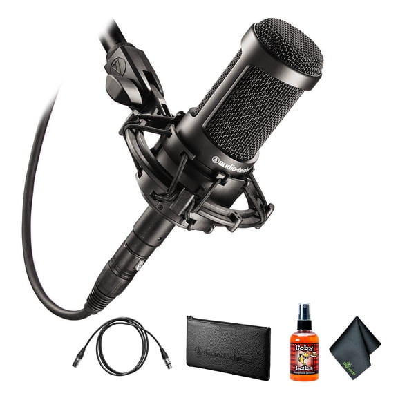 Audio-Technica AT2035 Cardioid Condenser Microphone, Black + Microfiber Cleaning Cloth + Goby Labs Microphone cleaner + 10 Ft XLR Cable