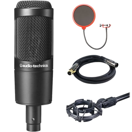 Audio-Technica (AT2035) Large Diaphragm Studio Condenser Microphone Bundle + Universal Pop Filter Wind Screen w/Stand Clip + 10’ Premier Series XLR Male - Female 16AWG Cable + Microphone Shock Moun