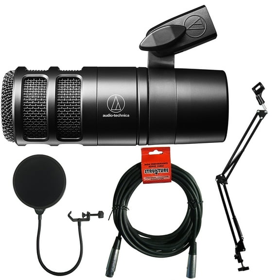 Audio-Technica AT2040 Dynamic Microphone Bundle with Pop filter Microphone WindScreen + 20-Ft XLR Microphone Cable + Microphone Stand (4 Items)