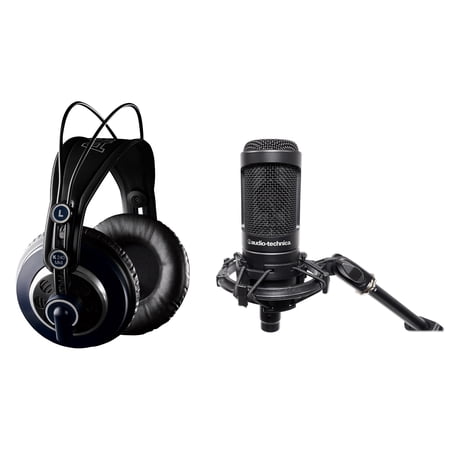 Audio Technica AT2050 Studio Condenser Recording Microphone Mic+AKG Headphones