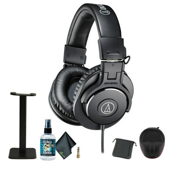 Audio-Technica ATH-M30x Professional Studio Monitor Headphones, Black + Microfiber Cleaning Cloth + Headphone stand + XPIX HEADPHONE CASE + Goby Labs Headphone Cleaner 4 fl oz