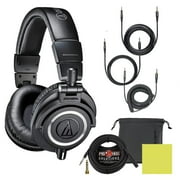 Audio Technica ATH-M50X Professional Studio Monitor Headphones Black, Bundle with Pig hog 10ft Extension Cable & Liquid Polishing Cloth with Detachable Cables