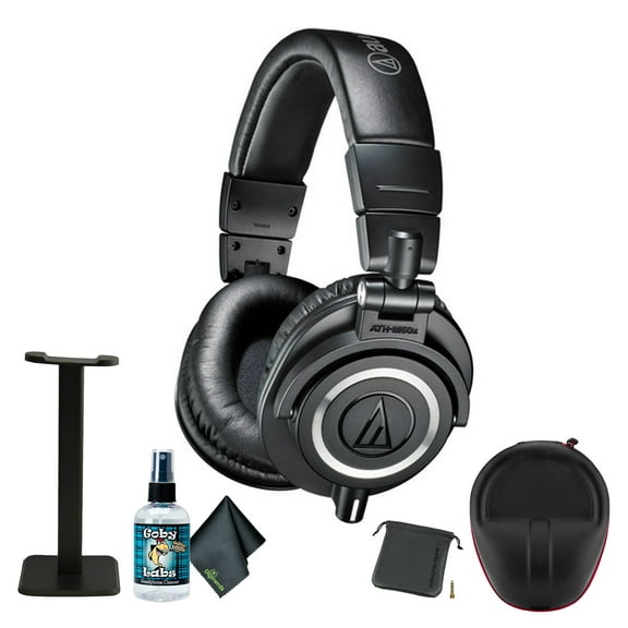 Audio-Technica ATH-M50x Professional Studio Monitor Headphones, Black + Microfiber Cleaning Cloth + Headphone stand + XPIX HEADPHONE CASE + Goby Labs Headphone Cleaner 4 fl oz