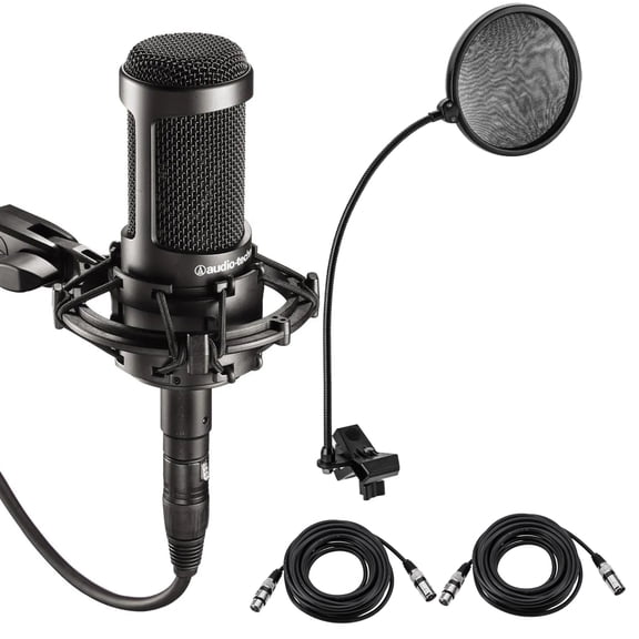 Audio-Technica AT2035 Cardioid Condenser Side-Address Microphone, 20Hz to 20kHz Frequency Response, - Bundle with On-Stage Broadcast Boom Arm with XLR Cable, Samson PS04 Pop Filter, 20' XLR Mic Cable