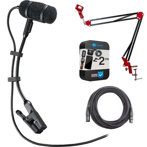 Audio-Technica Cardioid Condenser Clip-on Instrument Microphone PRO 35 Bundle with 2 YR CPS Extended Warranty, Deco Gear Adjustable Suspension Boom Scissor Arm Stand and OnStage 25ft XLR Cable