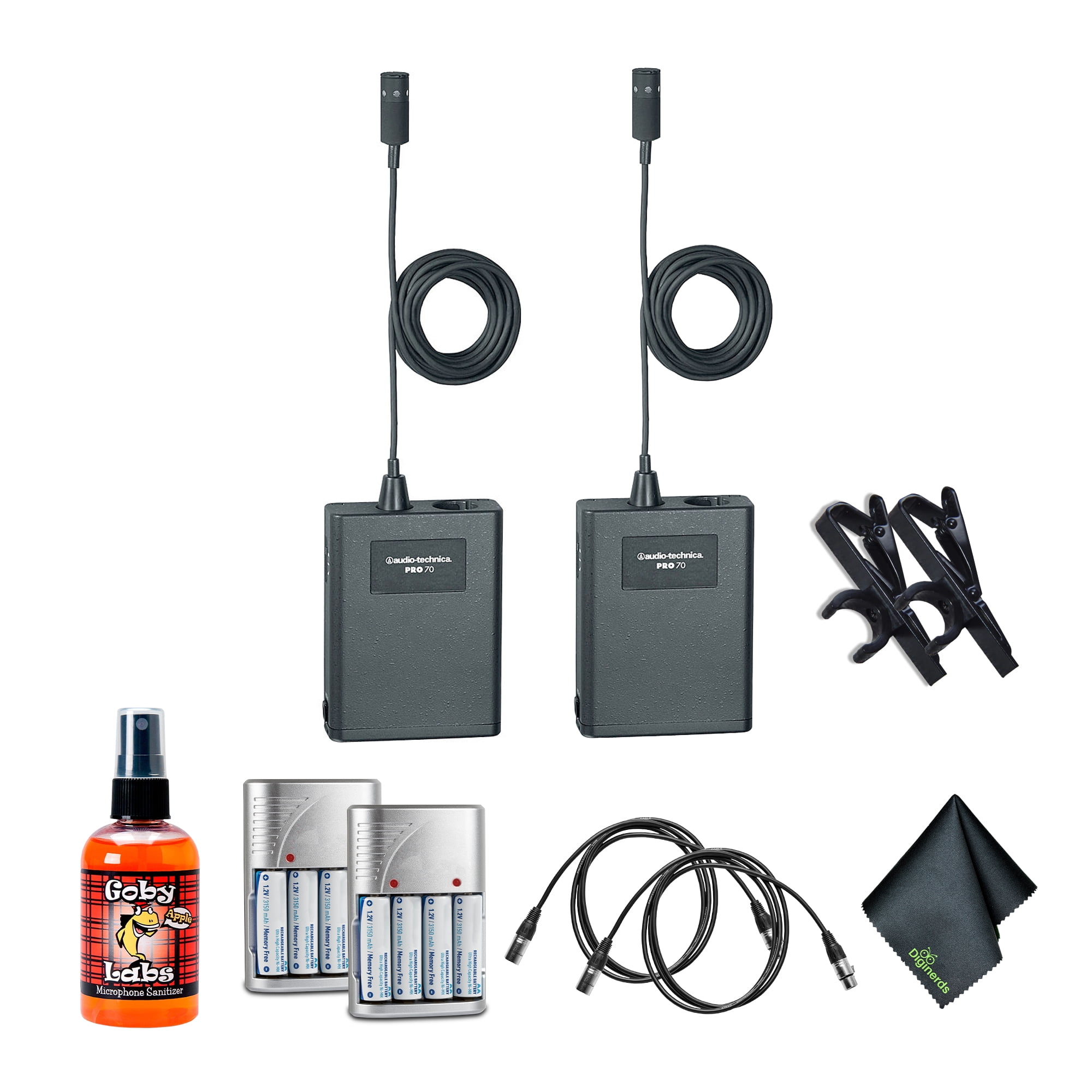 Audio-Technica Pro 70 Cardioid Lavalier Microphone (Pack of 2) + Goby Labs Microphone cleaner + Pack of 2 10 Ft XLR Cable + Pack of 2 4xAA Batteries With Charger + More