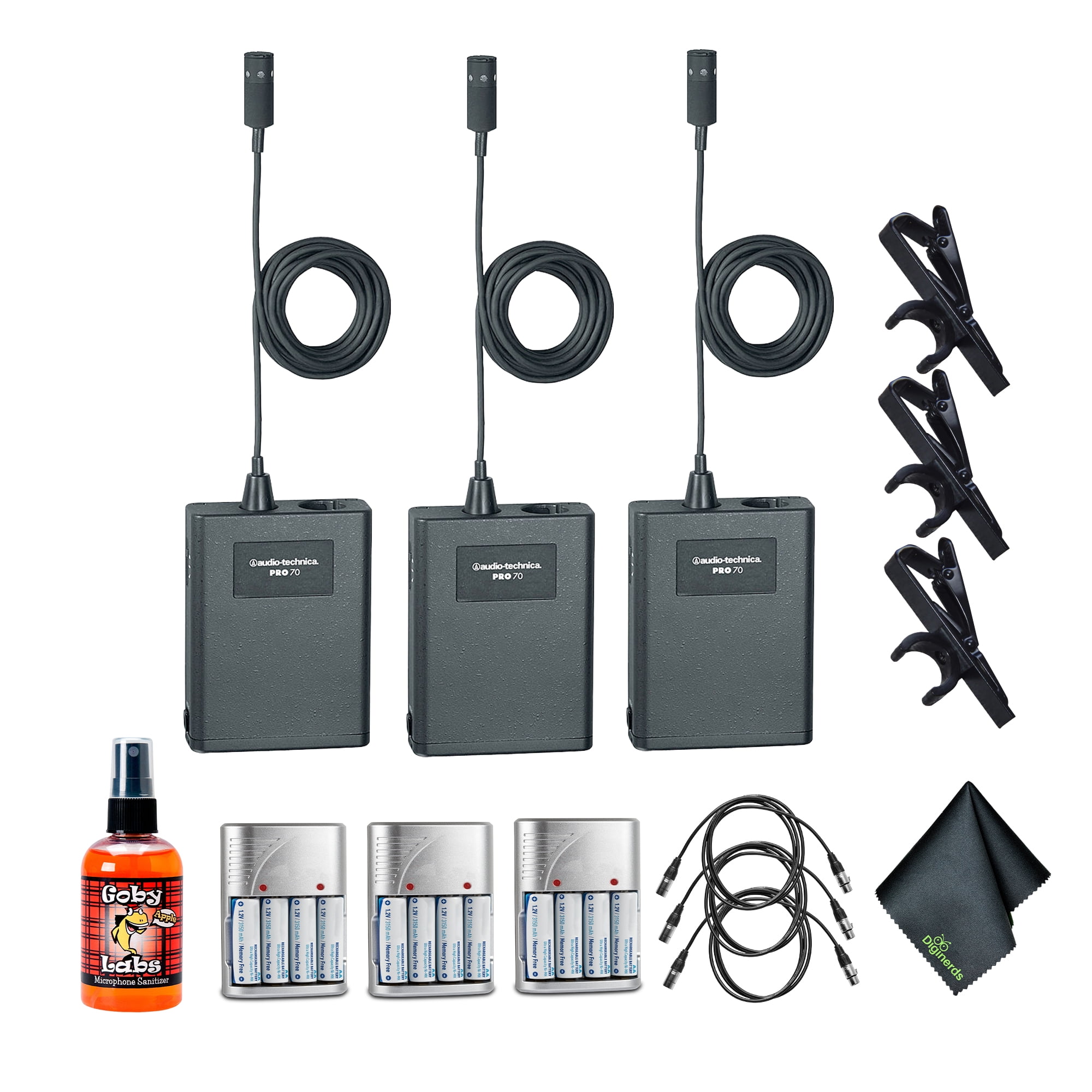 Audio-Technica Pro 70 Cardioid Lavalier Microphone (Pack of 3) + Goby Labs Microphone cleaner + Pack of 3 10 Ft XLR Cable + Pack of 3 4xAA Batteries With Charger + More