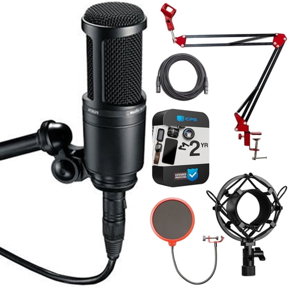 Audio-Technica Side Address Cardioid Condenser Studio Microphone AT2020 Bundle with 2 YR CPS Extended Warranty, Metal Shock Mount, Pop Filter, Suspension Boom Arm Stand and 25ft XLR Cable