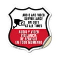 thumbnail image 1 of Audio & Video Surveillance On Duty At All Times Sign Bilingual English / Spanish (2 Pack) 12 inch X 12 inch Shield Shaped Heavy Duty 3.2 mil Vinyl Decals Weather Resistant Made in the, 1 of 5