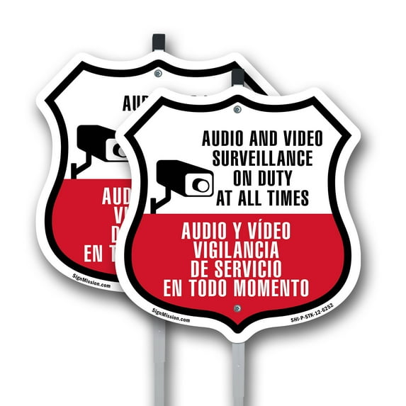 Audio & Video Surveillance On Duty At All Times Sign Bilingual English / Spanish (2 Pack) 12 inch X 12 inch Shield Shaped Rust-Free Aluminum Metal Signs with Aluminum Mounting Stakes
