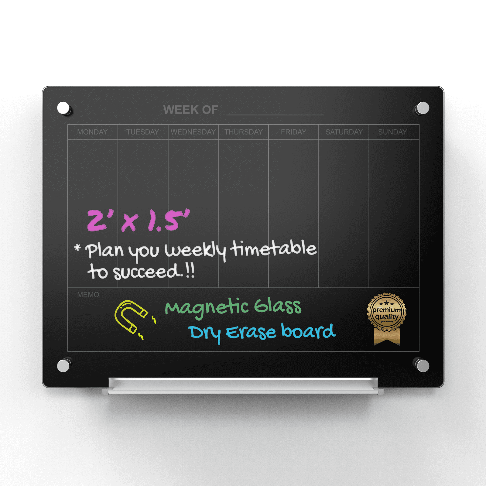 Black Magnetic Tempered Glass Weekly Calendar Board 24" x 18"