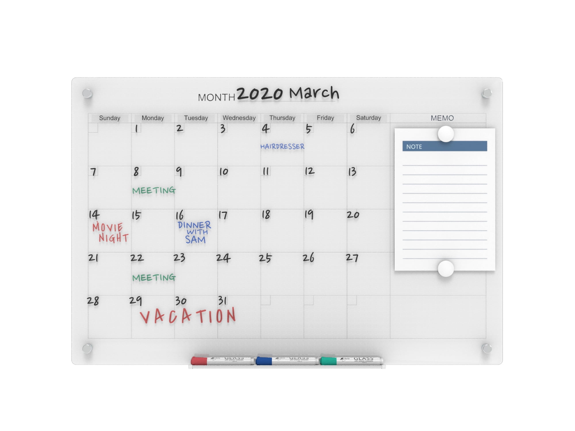 Ultra White Magnetic Tempered Glass Calendar Board 48" x 36"