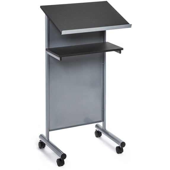Audio-Visual Direct Lectern (45" H x 17" D x 23" L) Metal & Wood Podium Storage - Silver/Black -