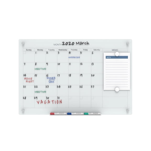 Audio-Visual Direct Magnetic Glass Dry Erase Board Set (3' x 2', Calendar White) for Wall - Monthly Planner