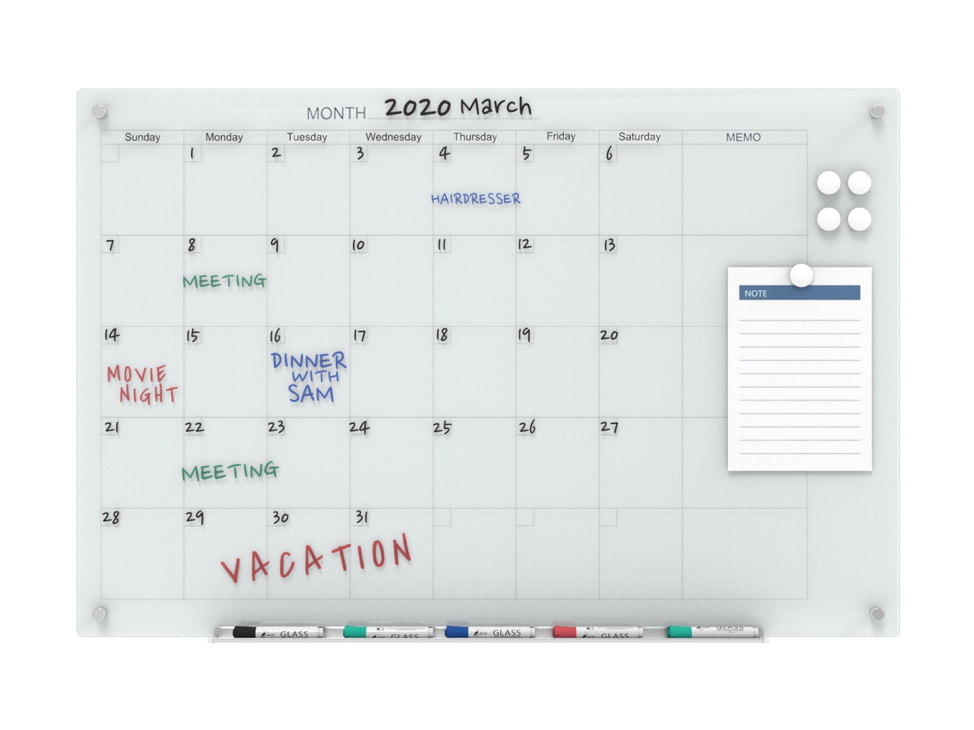 Audio-Visual Direct Magnetic Glass Dry Erase Board Set (4' x 3', Calendar White) for Wall - Monthly Planner