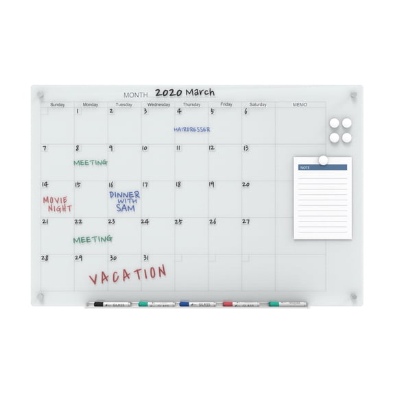 Audio-Visual Direct Magnetic Glass Dry Erase Board Set (4' x 3', Calendar White) for Wall - Monthly Planner